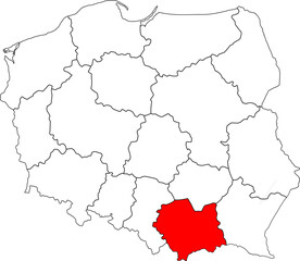 Map of Poland with Lesser Poland (Małopolskie) Voivodeship highlighted. A detailed vector for geographic, administrative, and regional analysis. Perfect for travel and educational content.

