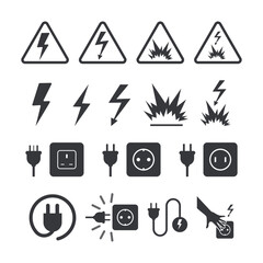 Bundle set pictogram electrical safety icop sign, high voltage hazard, and electric shock, explosion caution for workplace, factory, and industrial safety warnings.