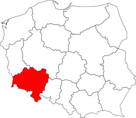 Map of Poland with Lower Silesian (Dolnośląskie) Voivodeship highlighted. A detailed vector for geographic, administrative, and regional analysis. Perfect for educational and travel content.


