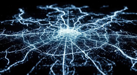 Abstract glowing digital network resembling a futuristic city map or neural pathways on a dark background.