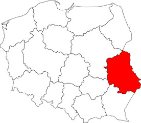 Map of Poland with Lublin (Lubelskie) Voivodeship highlighted. A detailed vector for geographic, administrative, and regional analysis. Perfect for educational and historical projects.

