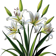 Elegant white lilies with green stems and buds isolated on white background