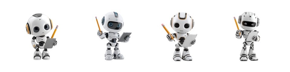 Set of cute robots reading books isolated PNG