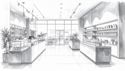 Obraz premium Modern Wellness Store Design Sketch Architectural Drawing.