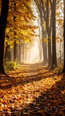 Obraz premium Golden Autumn Path: Sunlight Through Fall Foliage.