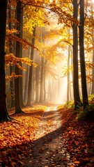 Fototapeta premium Golden Autumn Path: Sunlit Forest Road in Fall.
