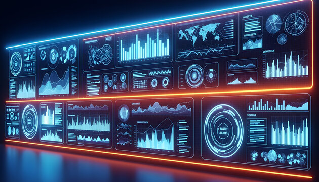 Futuristic data dashboard with multiple neon blue and orange screens displaying charts graphs and analytics in a high tech digital interface for business and technology concepts