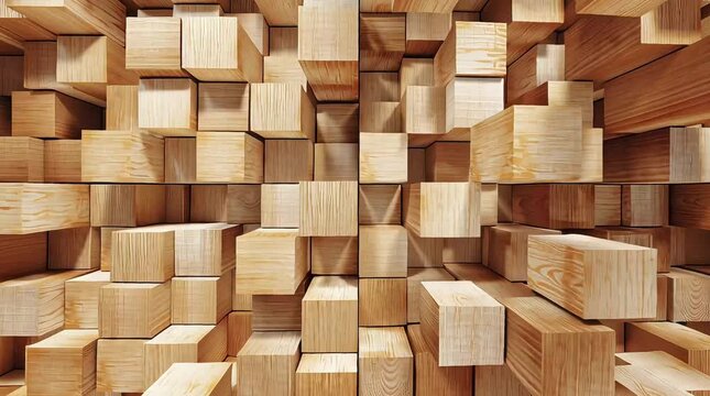 Wooden cubes movement forming abstract pattern in bright light, natural wood texture, geometric design and art, creativity. Abstract designer background. Video cover, 4K