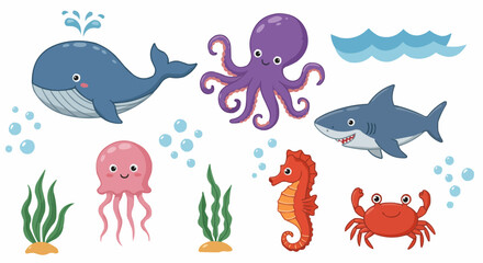 Cartoon illustrations of various marine creatures, including a whale, octopus, and shark.