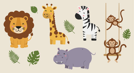 Obraz premium Adorable cartoon safari animals: lion, giraffe, zebra, hippo, and monkeys playing on a swing, surrounded by tropical leaves.