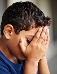 Fototapeta premium Sad Young Boy Hiding Face Hands Upset Child.