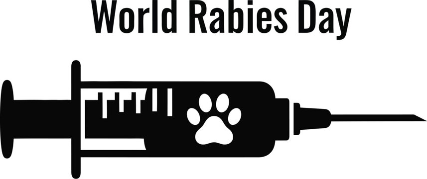 World rabies day illustration featuring a syringe with a paw print inside, promoting awareness and prevention of the disease