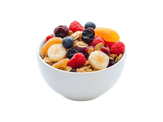 A bowl filled with dried fruits and granola, representing a healthy breakfast option