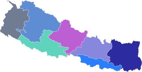 A colorful map of Nepal with each provincial division in a different color. A vibrant vector for administrative, educational, and data visualization.

