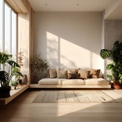 Fototapeta premium Cozy living room with natural light, featuring a comfortable sofa adorned with cushions, surrounded by lush indoor plants and a warm wooden floor, creating a serene atmosphere