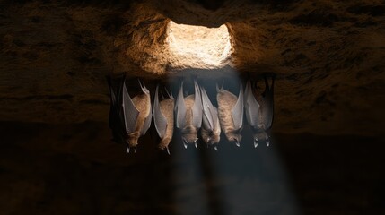Bats Hanging from Cave Ceiling with Sunlight Beaming Through Opening at Twilight