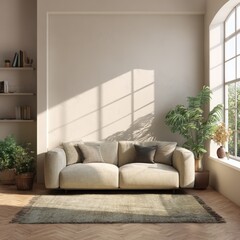 Naklejka premium Cozy living room featuring a light beige sofa with decorative pillows, surrounded by indoor plants and natural light streaming through large windows, creating a warm atmosphere