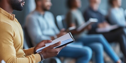 Diverse group of people waiting in line for job interview holding papers and clipboards