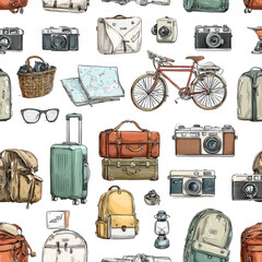 Travel essentials pattern bags, camera, bike, map.  Website banner