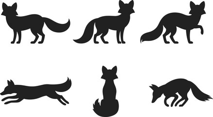 PrintSilhouette fox illustrations in various poses, wildlife vector art for nature design, animal graphics, black and white drawing collection