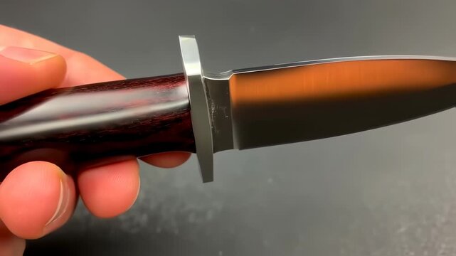 Extreme Close-Up Macro Shot of a Polished Knife Blade and Wooden Handle Being Held