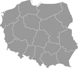 Grey silhouette map of Poland with all regional borders clearly outlined. A clean and detailed vector for geographic and administrative analysis. Perfect for presentations and infographics.

