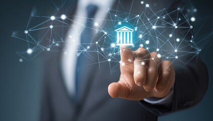 Businessman interacts with digital bank icon