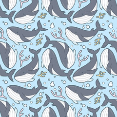 Obraz premium Cute seamless pattern in pastel blue, decorated with whales and corals.