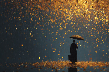 Man in Suit Holding Umbrella Under a Rain of Glowing Lights