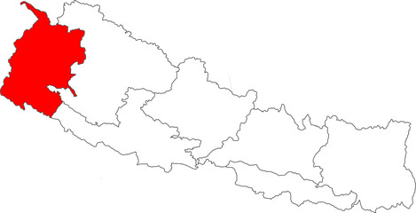 Map of Nepal with Sudurpashchim Province highlighted. A detailed vector for geographic, administrative, and regional analysis. Perfect for educational and travel content.

