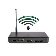 Modern black streaming media player box with wi fi signal and antenna isolated on transparent background