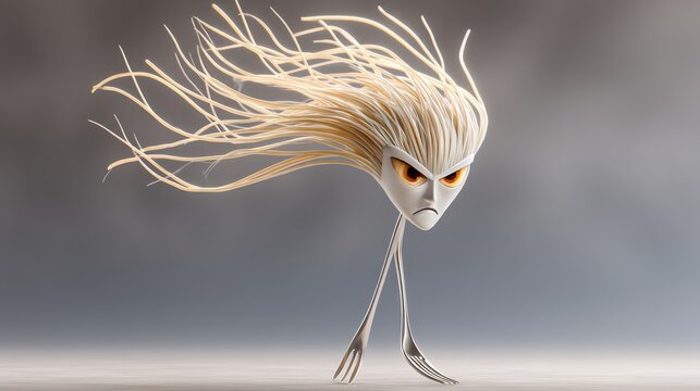 Cartoon character with long hair and a big mouth. The character is angry and has a menacing look on its face