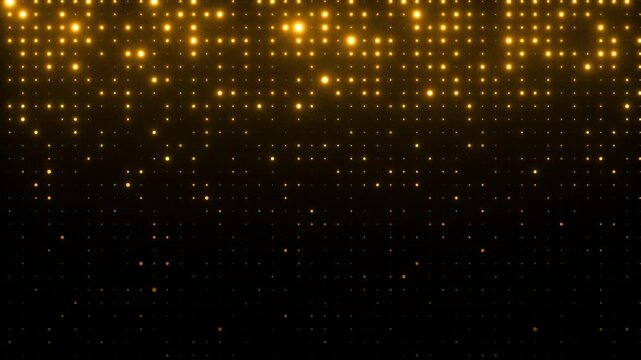 Golden glowing blinking lights. Grid pattern with random size dots. Shimmering particles abstract background for festive design, New Year. 4K loop animation.