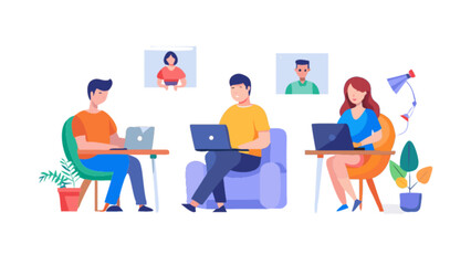 Remote work from home conference call team meeting online collaboration virtual office illustration design