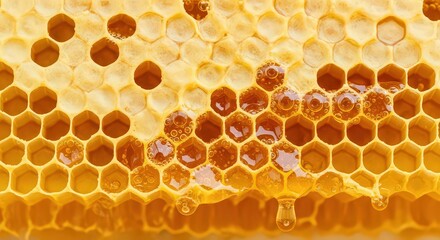 Detailed macro photograph of a natural honeycomb with hexagonal cells filled with fresh, dripping golden honey.