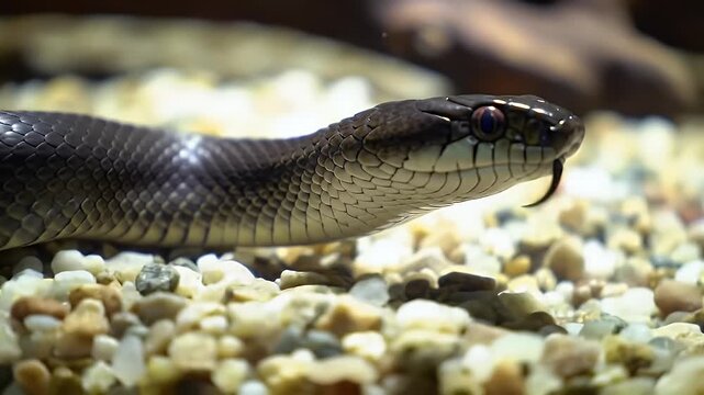Close-up of a dark snake with its forked tongue extended, resting on a pebbled surface
