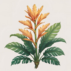 Vibrant heliconia flower with lush green leaves isolated on white background