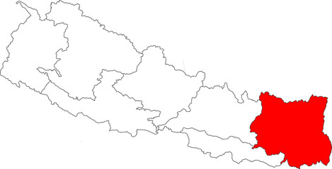 Map of Nepal with Koshi Province highlighted. A detailed vector for geographic, administrative, and regional analysis. Perfect for educational and travel content.

