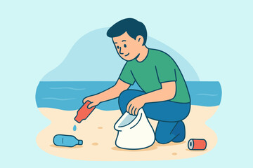 Fototapeta premium Flat illustration of man picking up trash at beach to protect ocean.