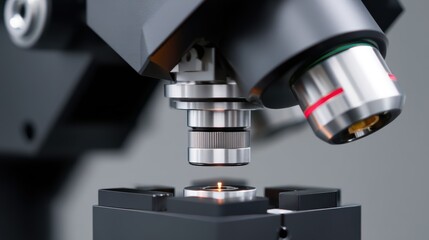 The future AI medical laboratory and research concept, Microscope lens focusing on a sample slide in a lab setting.