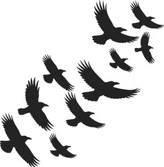 PrinSilhouettes of birds in flight, dynamic avian movement, nature's aerial ballet, black and white bird silhouettes, wildlife photography, stock imaget
