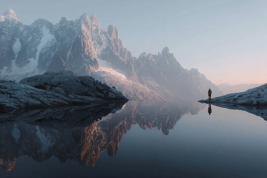 Serene Mountain Lake with Man’s Reflection, Nature Landscape