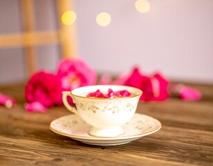 Romantic teacup with rose petals
