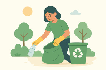 Eco illustration of woman throwing plastic bottle into recycle bin to support environment protection.