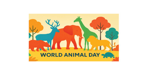 Fototapeta premium Print World Animal Day Banner With Colorful Animal Silhouette and Trees Illustration Concept