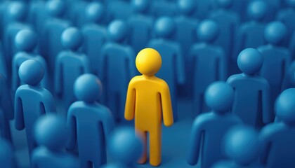 Single yellow figure stands out from blurred crowd of blue figures, business strategy, HR, finding right people. Visual represents organizational psychology, diversity, inclusion, leadership