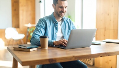 Fototapeta premium Happy hispanic man sitting at desk, working on laptop in bright modern home interior, cozy atmosphere, natural light, professional lifestyle