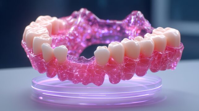 The future AI medical laboratory and research concept, 3D dental model with pink support and artificial teeth display.