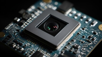 Fototapeta premium The future AI medical laboratory and research concept, Camera lens on a circuit board, showcasing technology and detail.