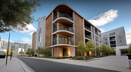 Modern medium rise apartment building with curved facade, wood panel exterior, large balconies, urban street, and landscaped surroundings